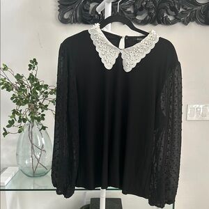 A.L.C. Black Blouse with White Embellished Peter Pan Collar